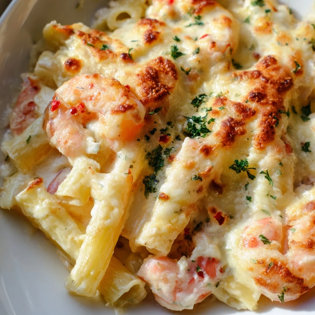 Golden baked Shrimp Scampi Pasta Bake with bubbling mozzarella and tender succulent shrimp