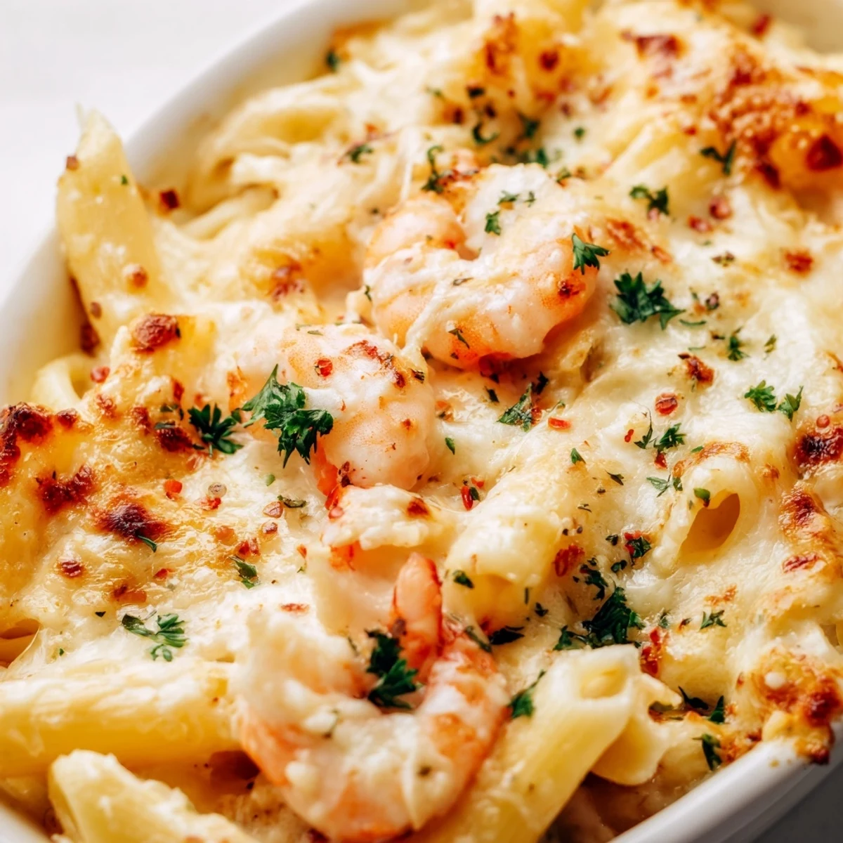 Creamy Shrimp Scampi Pasta Bake topped with melted cheese and fresh parsley garnish