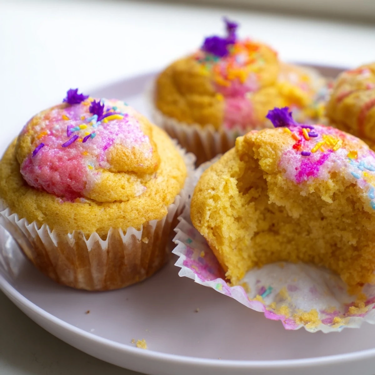 Fluffy steamed blooming cupcakes swirled with pastel colors and topped with sprinkles