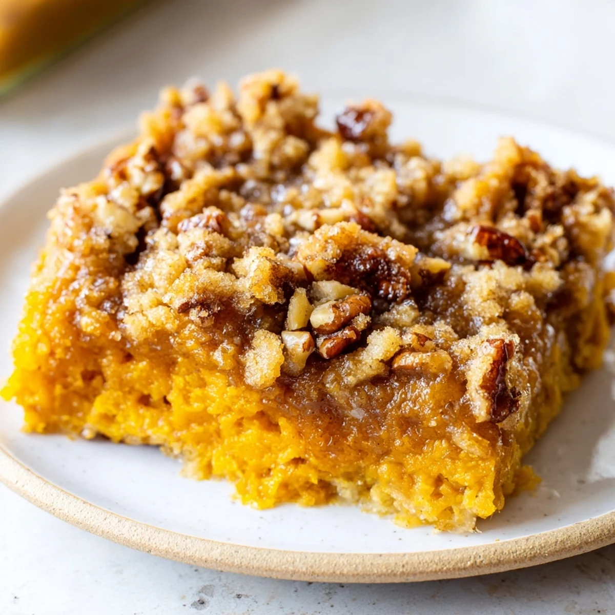 Golden pumpkin dump cake with pecan topping served warm in a baking dish