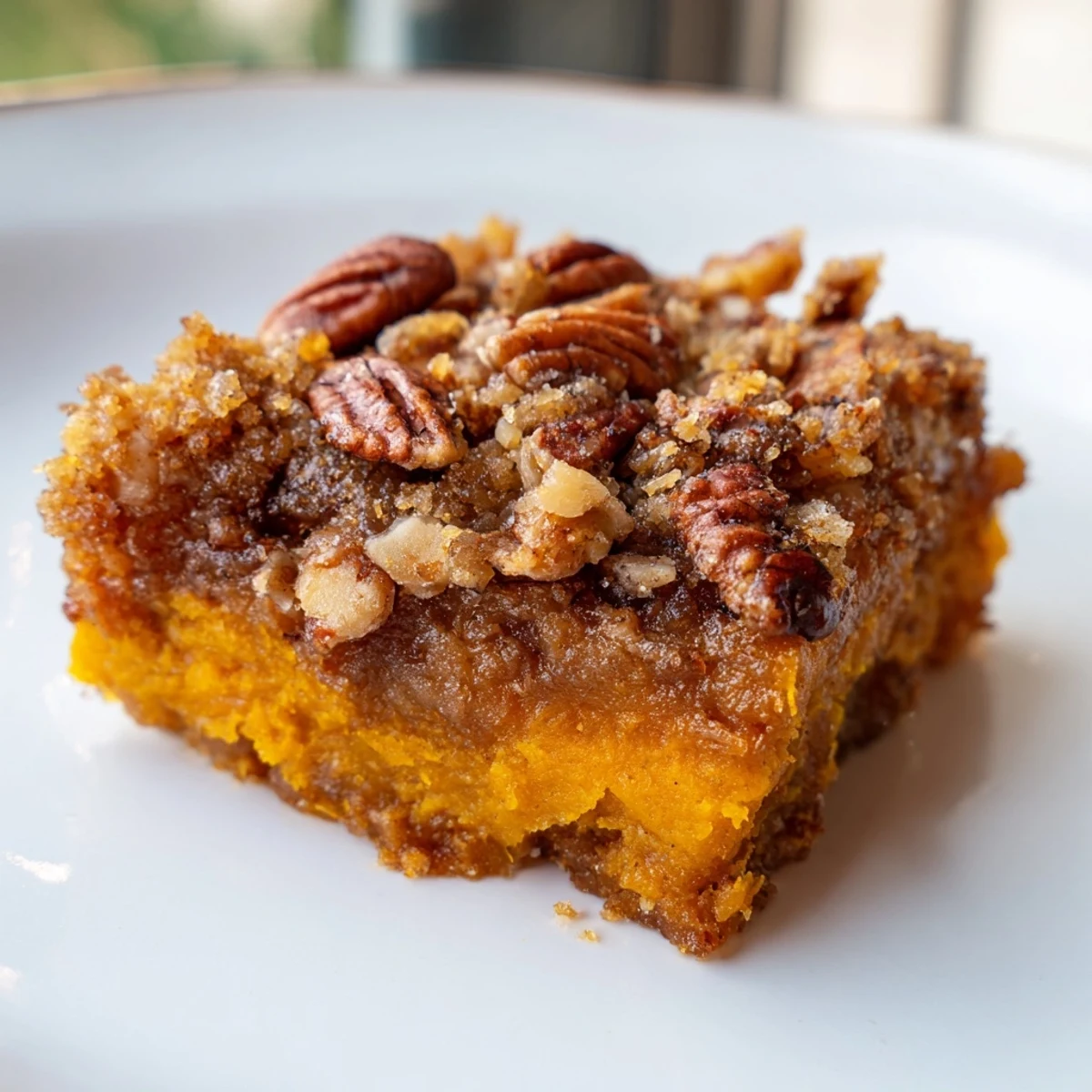 Creamy spiced pumpkin dump cake slice topped with whipped cream and pecans
