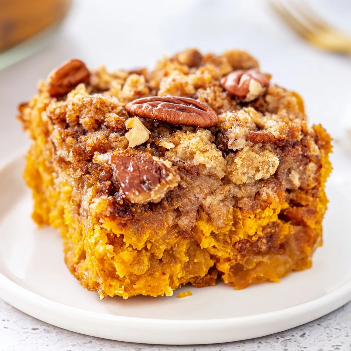 Warm pumpkin dump cake with buttery golden crust scooped into a cozy bowl
