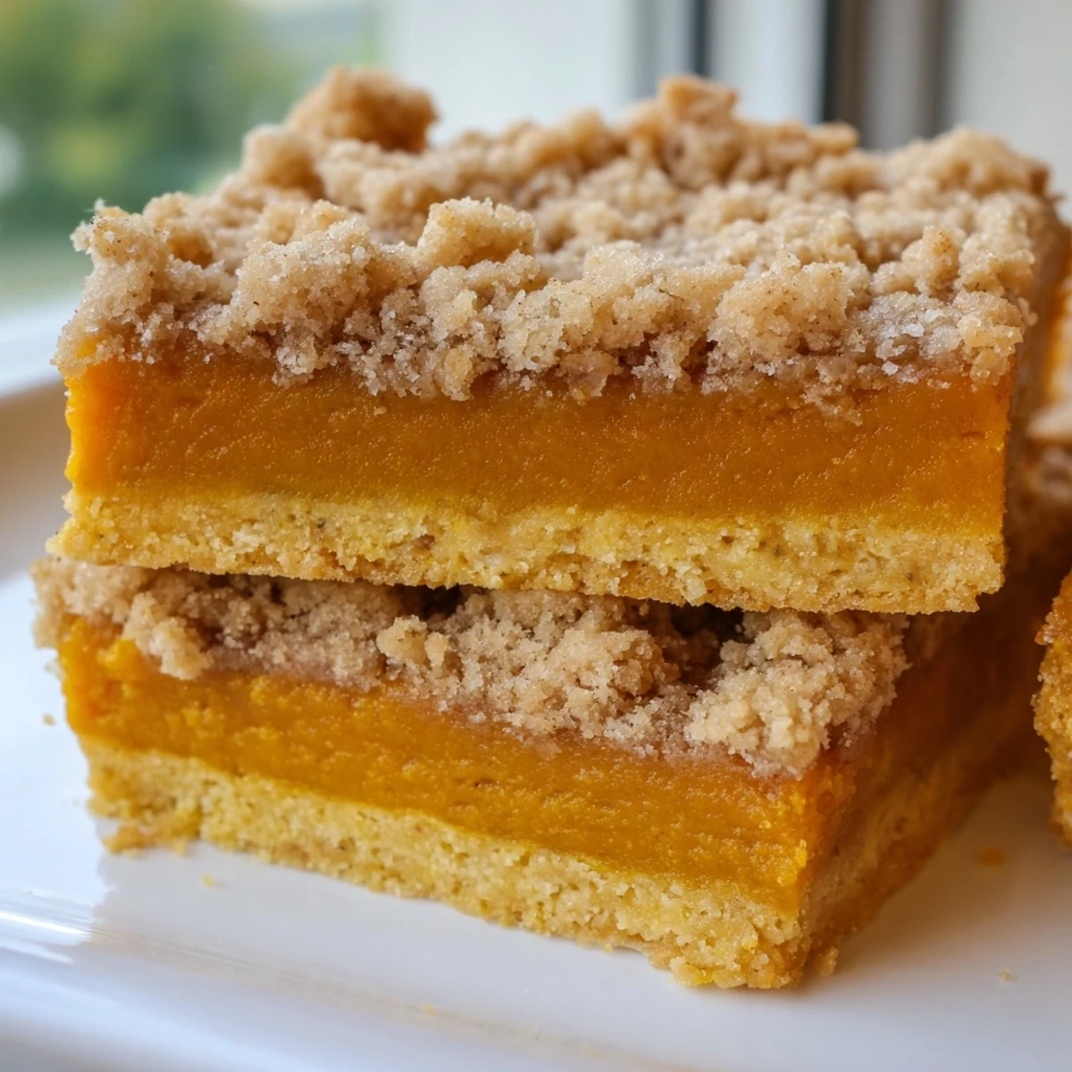 Golden brown sugar maple pumpkin butter bars with a crumbly cinnamon streusel topping on a rustic plate