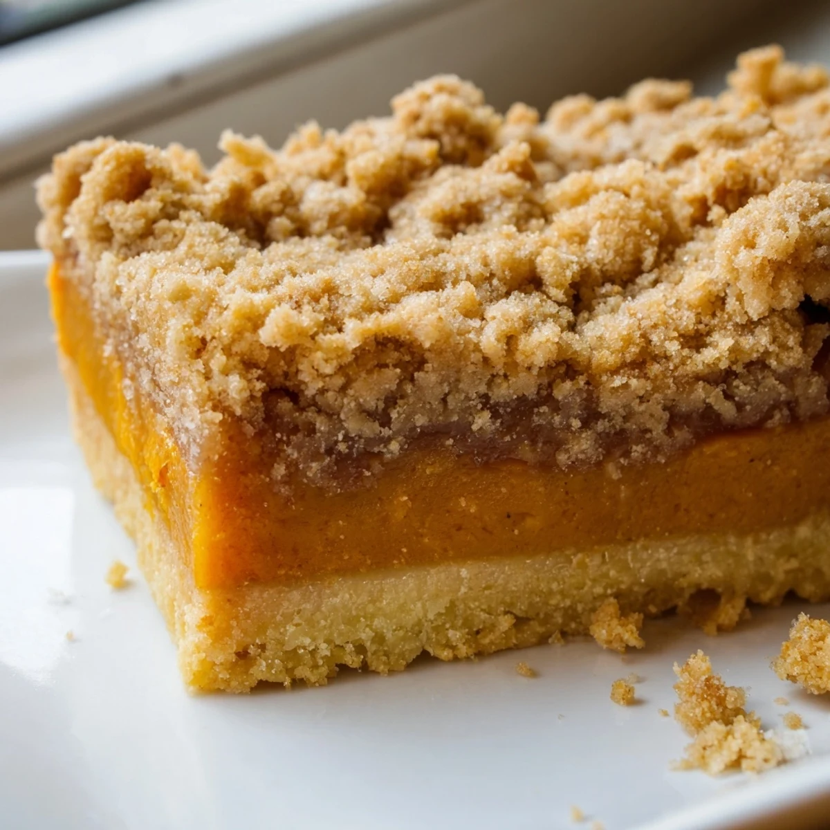 Creamy pumpkin maple filling peeks through a golden streusel crust on these brown sugar maple pumpkin butter bars