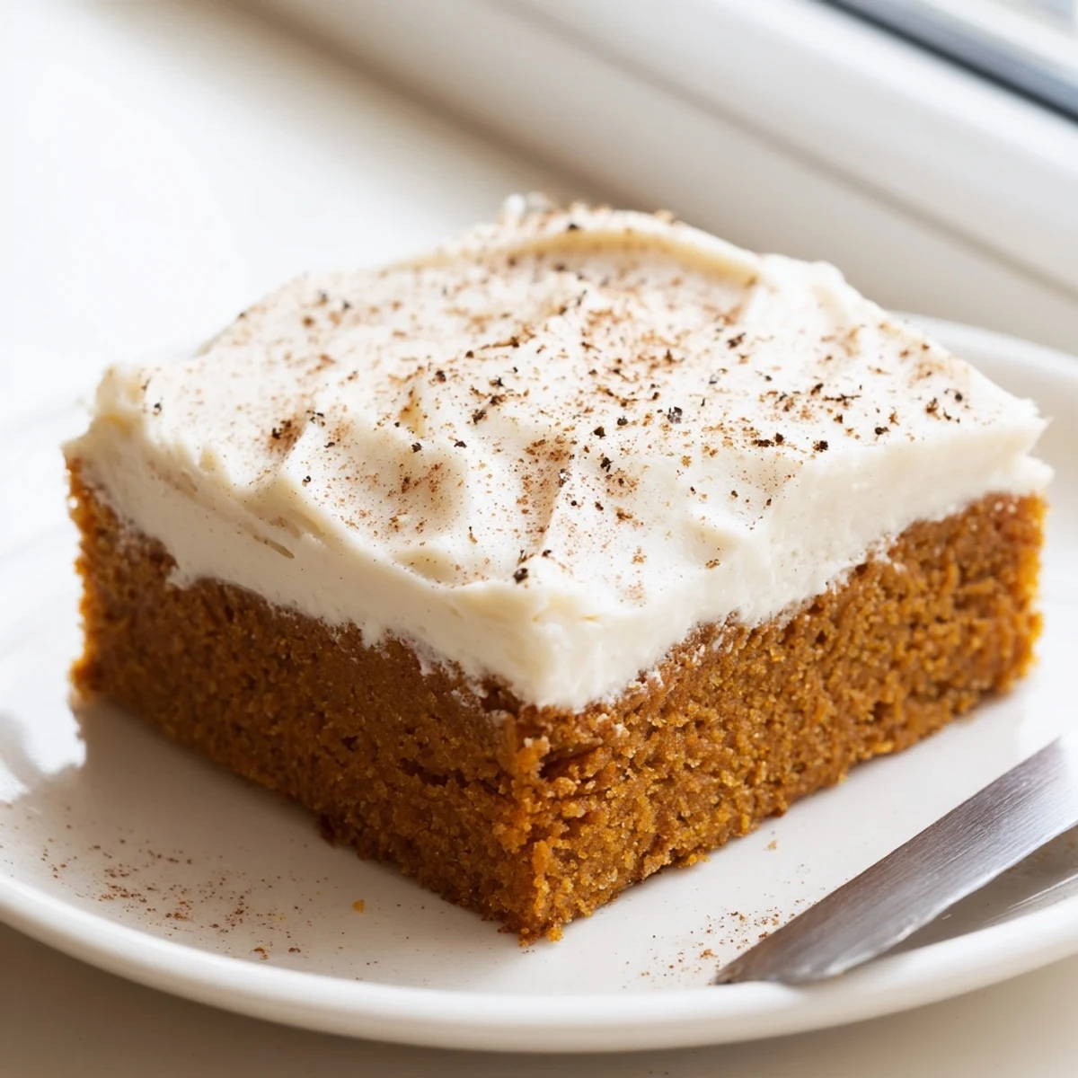 Thick generous layer of cream cheese frosting spread over moist golden pumpkin bars
