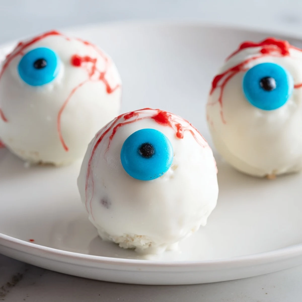 Creepy Halloween Cake Eyeballs with red veins and blue irises on a dark platter