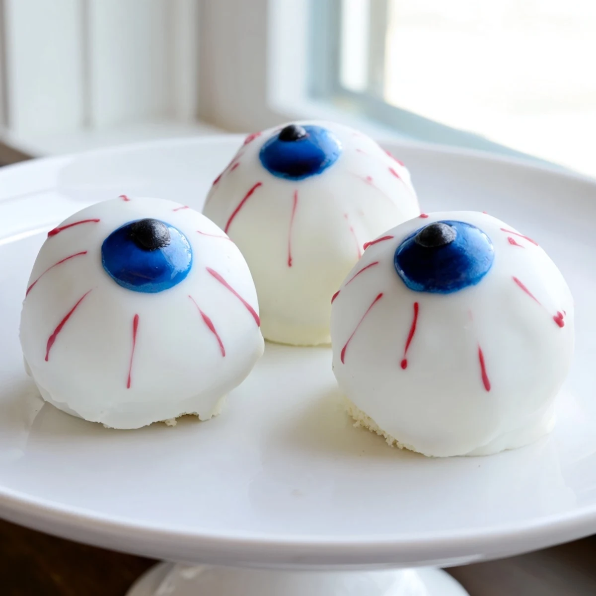 Smooth white chocolate coated Halloween Cake Eyeballs topped with colorful candy melt pupils