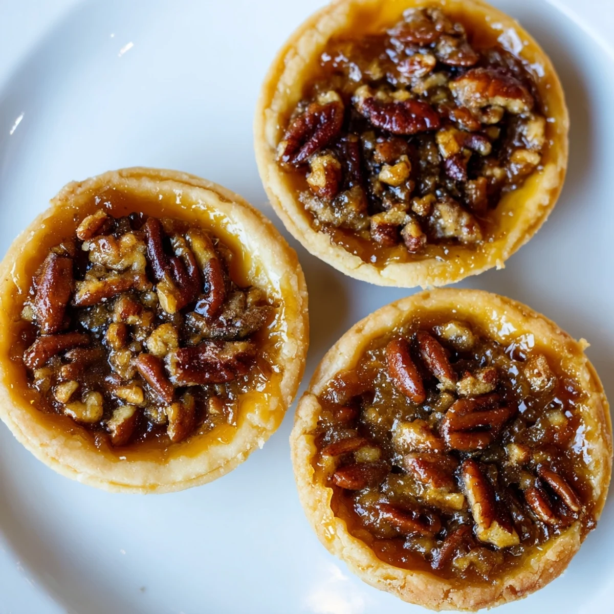 Bite-sized mini pecan pies topped with toasted nuts, freshly baked in a mini muffin pan