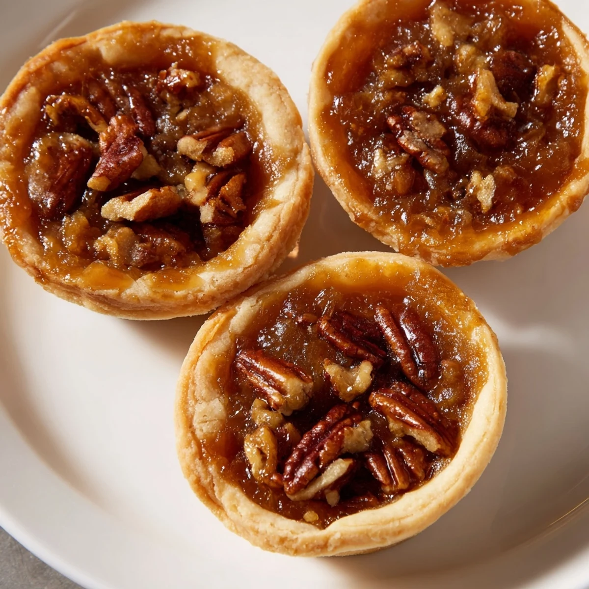 Golden mini pecan pies with gooey caramel filling in flaky butter crusts on a wire rack