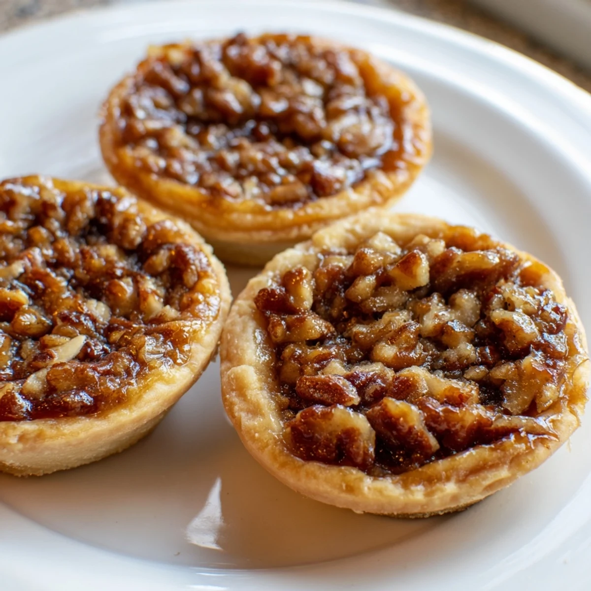 Warm mini pecan pies with bubbling brown sugar pecan filling and crisp golden pastry shells