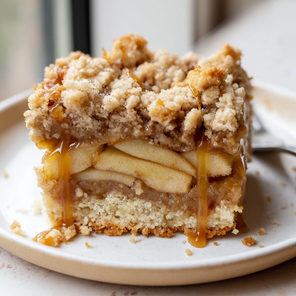 Golden caramel apple crumb bars with buttery streusel topping on a rustic baking sheet
