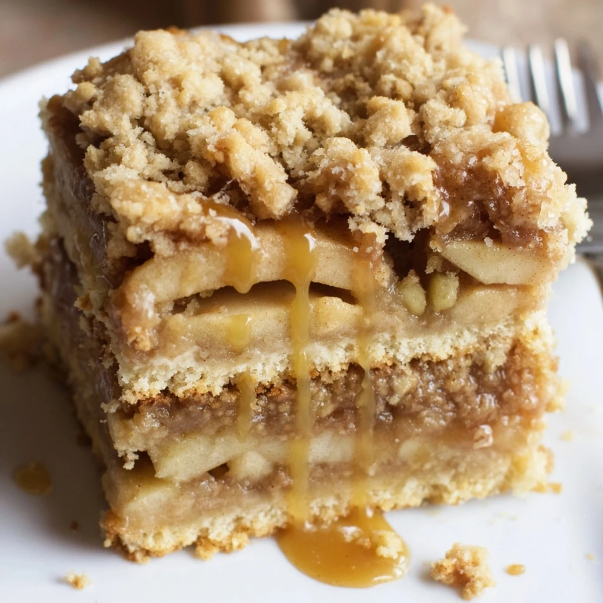 Warm caramel apple crumb bars cut into squares drizzled with gooey caramel sauce