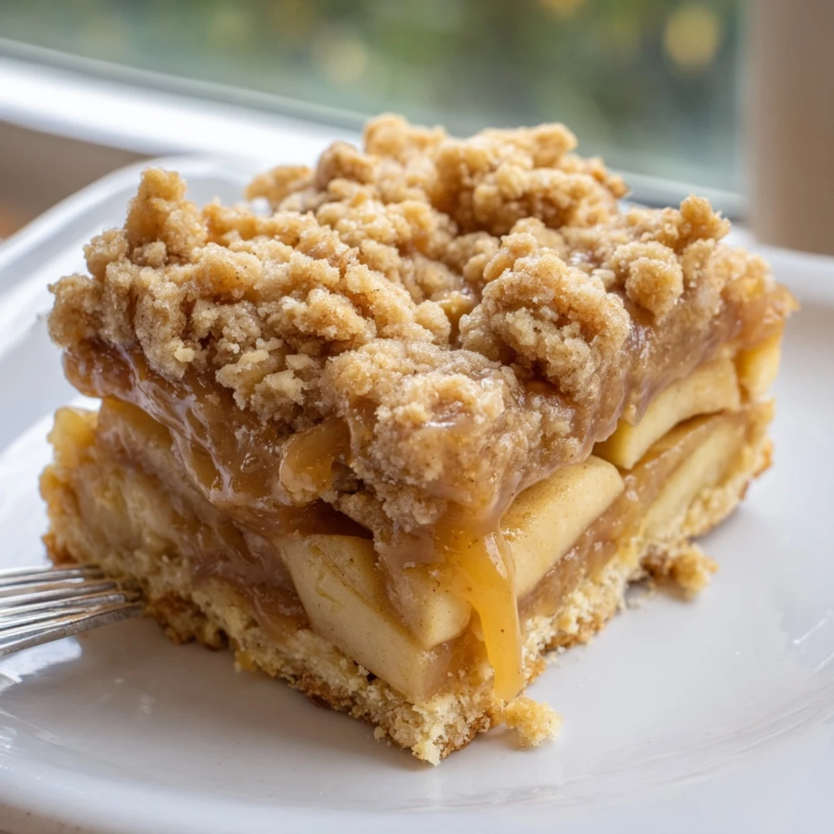 Chewy caramel apple crumb bars nestled in parchment paper showing layers of spiced apple filling