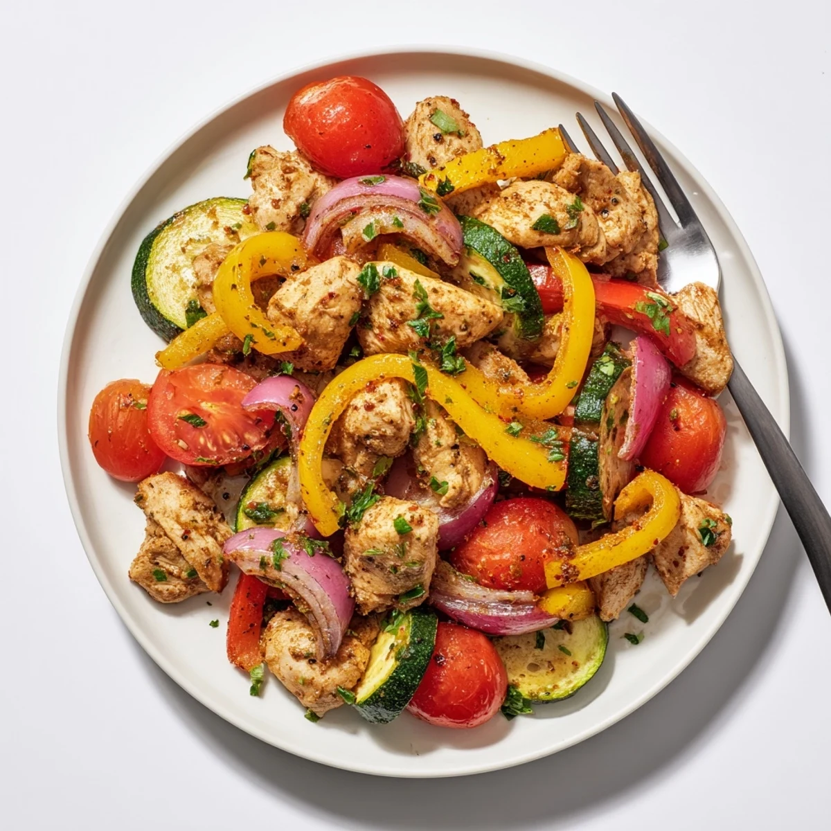 Golden chicken and colorful bell peppers in a quick flavorful one pan dish