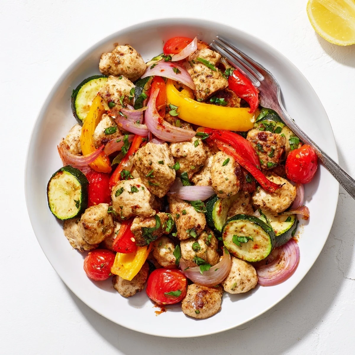 Juicy seasoned chicken with roasted zucchini and tomatoes in a quick flavorful one pan dish