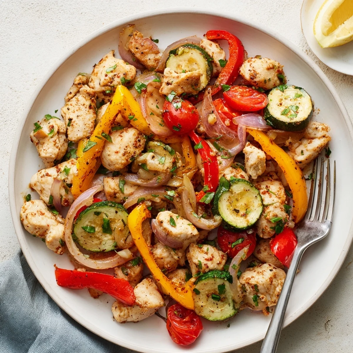 Steaming skillet of quick flavorful one pan dish topped with fresh parsley and lemon