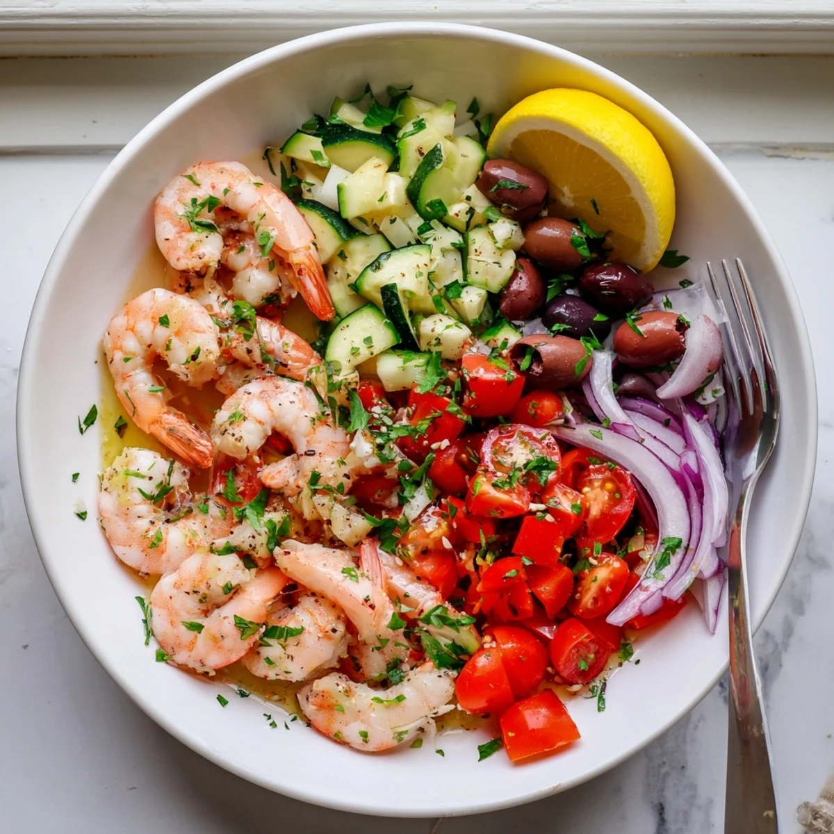 Golden seared Mediterranean shrimp skillet with cherry tomatoes, olives, and fresh parsley.