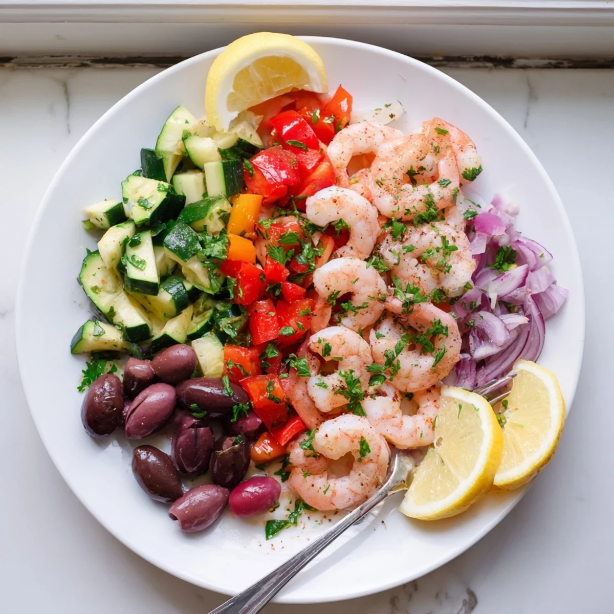 Juicy pink shrimp in a Mediterranean shrimp skillet served with crusty bread.