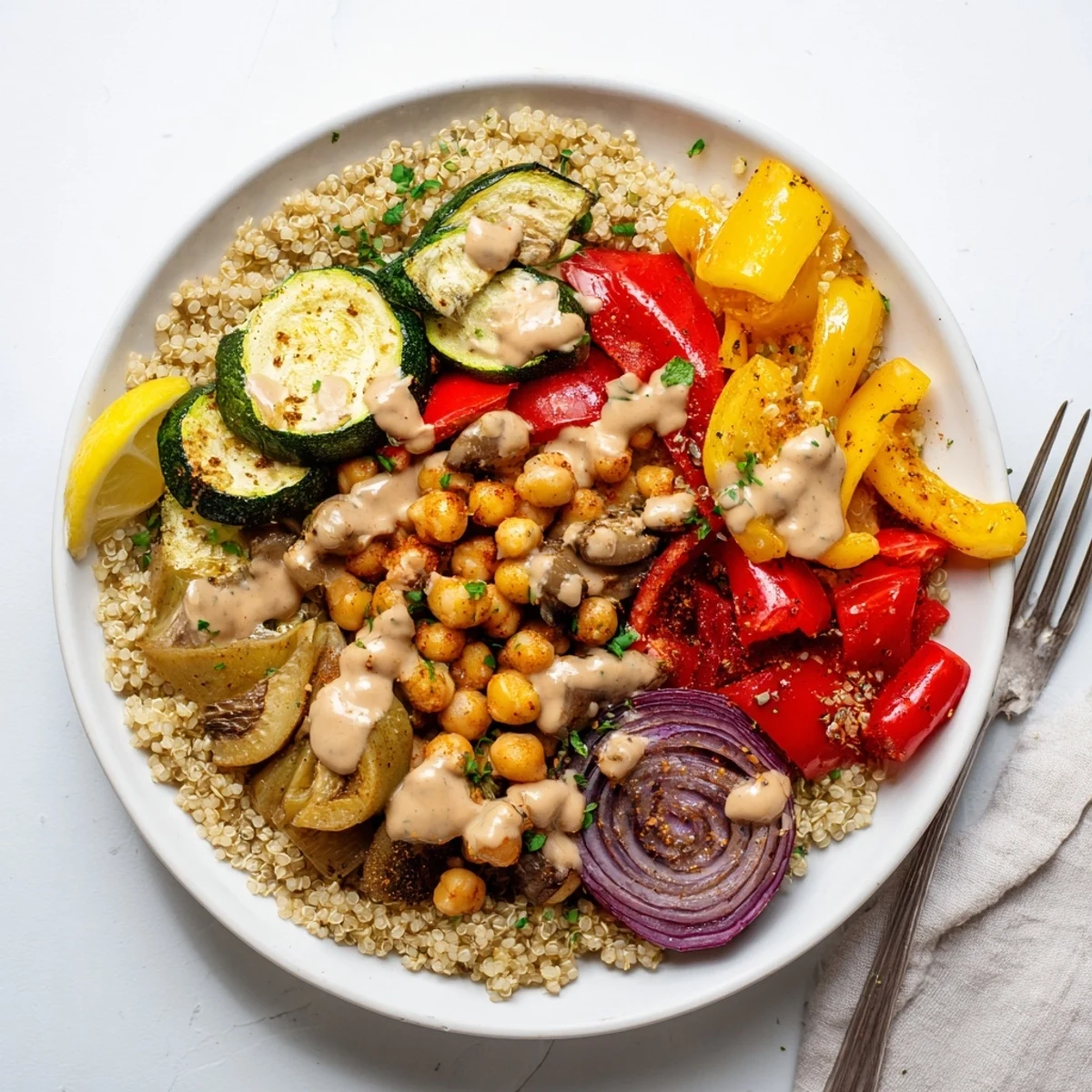 A warm vegan Mediterranean roasted vegetables bowl topped with charred bell peppers, olives, and bright lemon wedges.