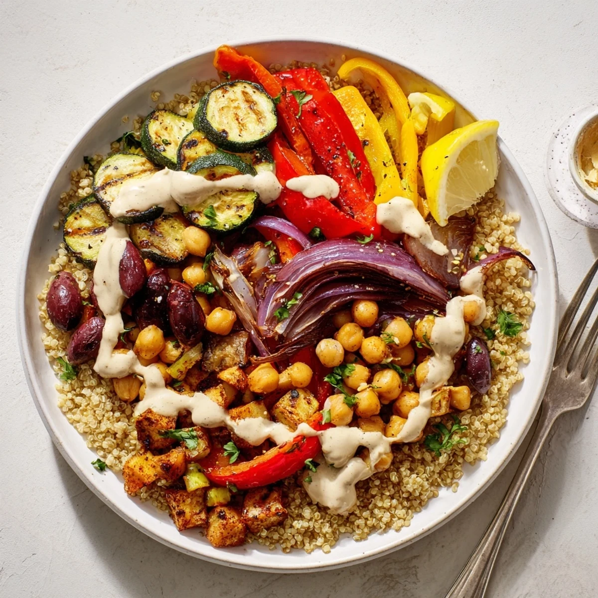 Vegan Mediterranean roasted vegetables bowl served over fluffy quinoa with tender roasted onion and a silky lemon-tahini swirl.