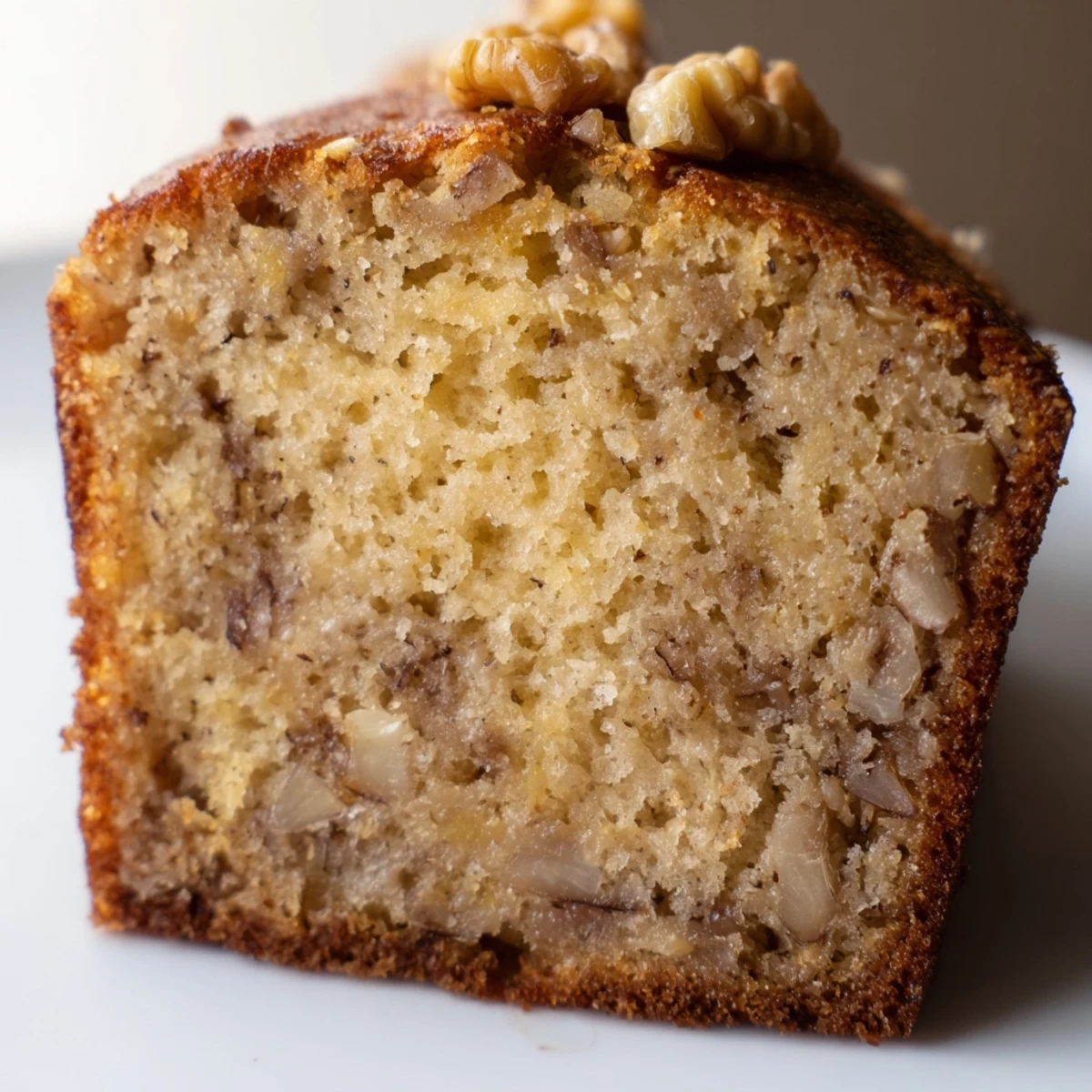 Golden banana nut bread loaf sliced open showing moist walnut-studded crumb
