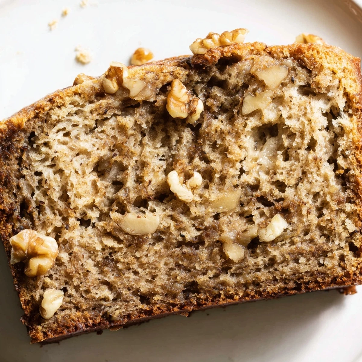 Banana nut bread topped with crunchy walnuts on a rustic cutting board