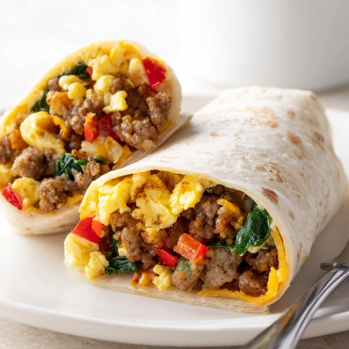 Golden freezer breakfast burritos stuffed with scrambled eggs, sausage, and melted cheddar