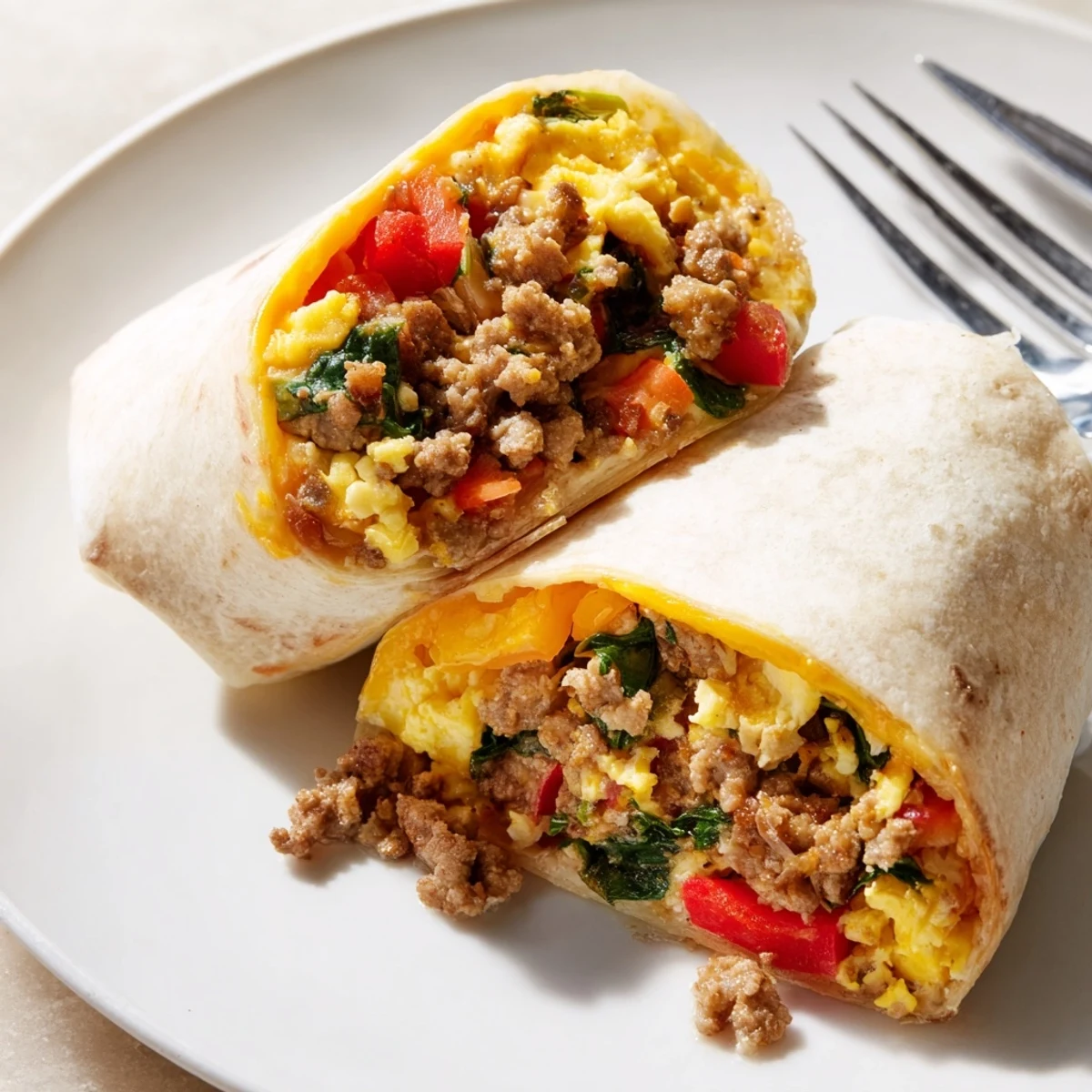 Sliced freezer breakfast burritos revealing cheesy egg, pepper, and sausage filling inside