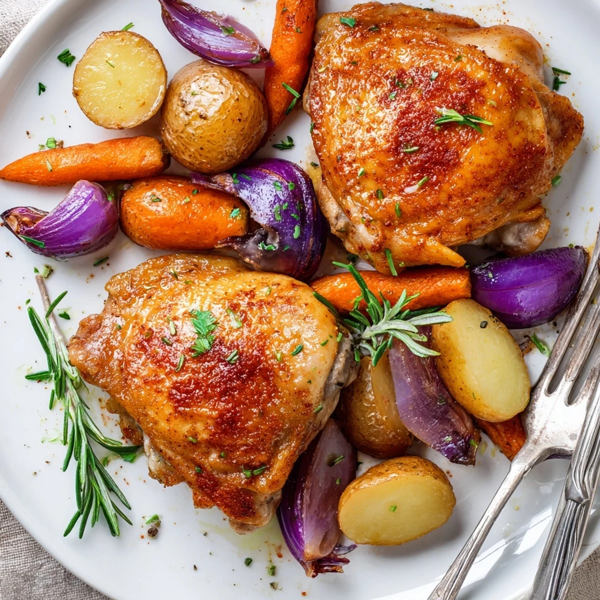Sheet Pan Chicken And Potatoes with golden-crisp skin and rosemary-scented potatoes