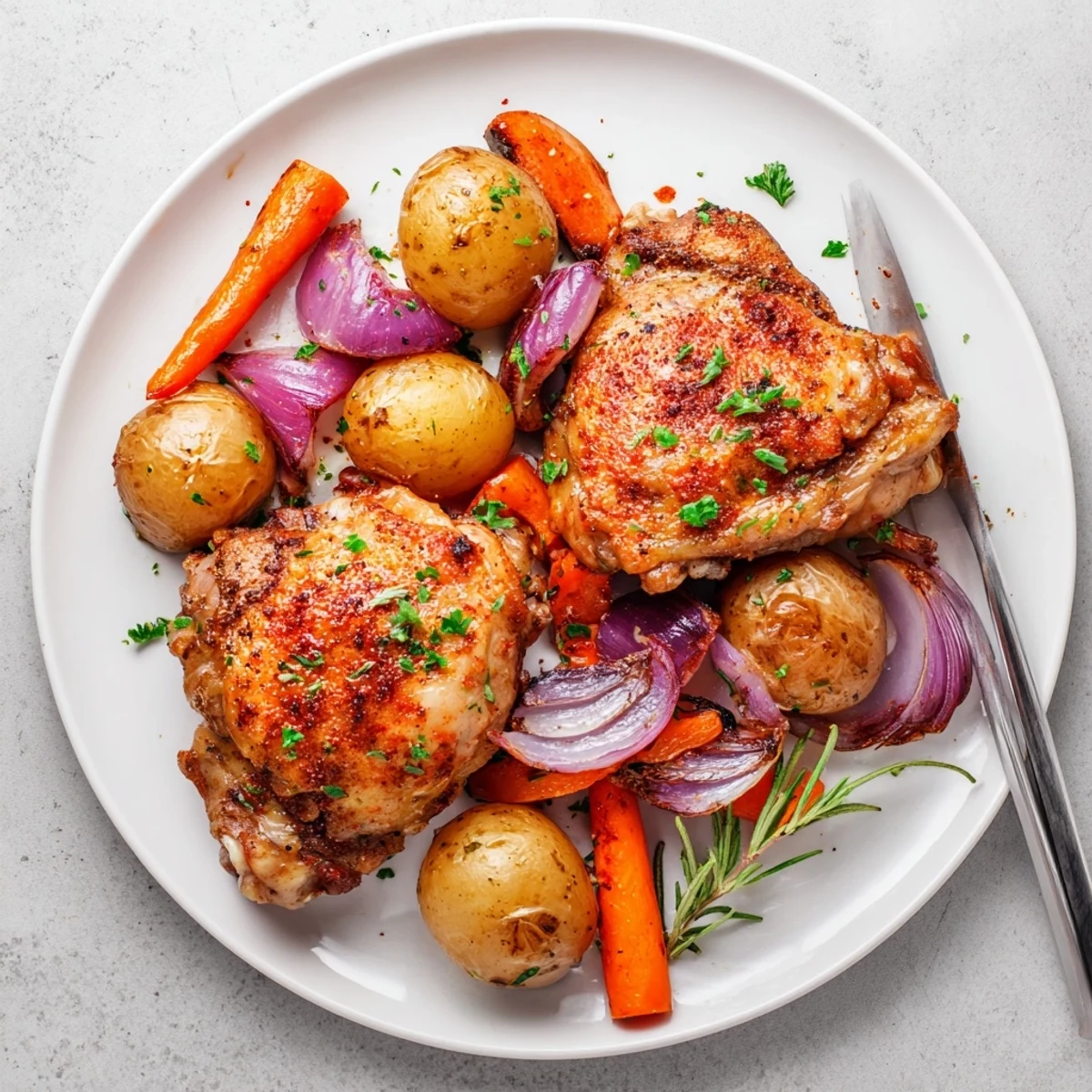 Weeknight Sheet Pan Chicken And Potatoes roasted in one tray, garlic-scented