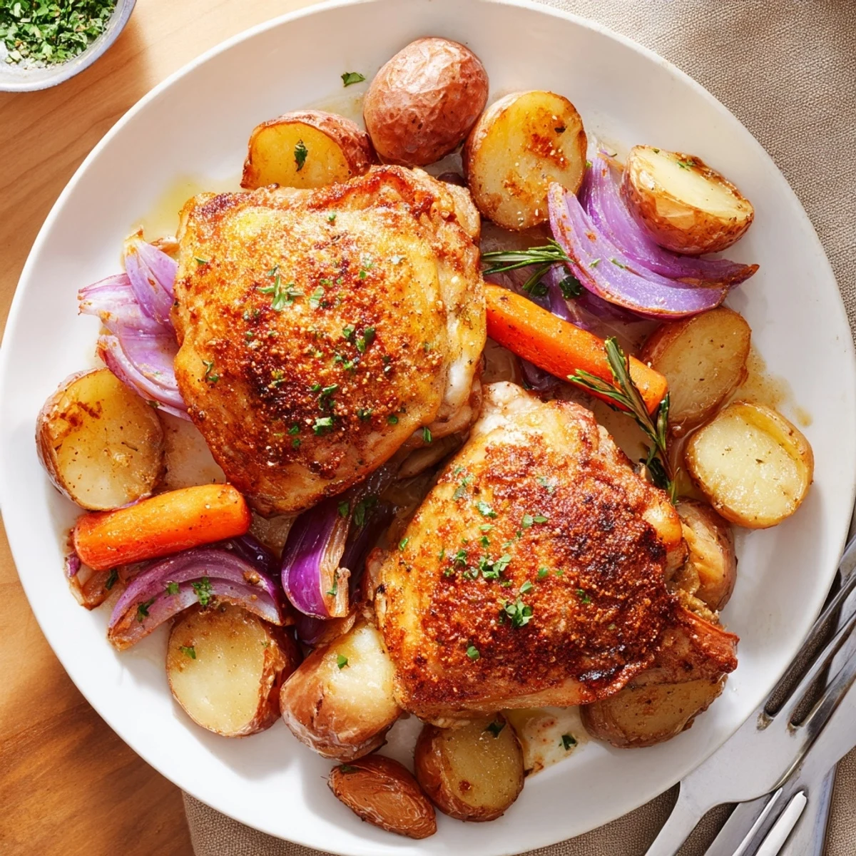 Rustic Sheet Pan Chicken And Potatoes served hot with chopped parsley garnish