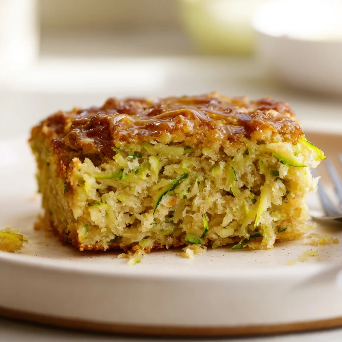 Zucchini Cake With Brown Sugar Icing, moist crumb topped with glossy brown-sugar glaze