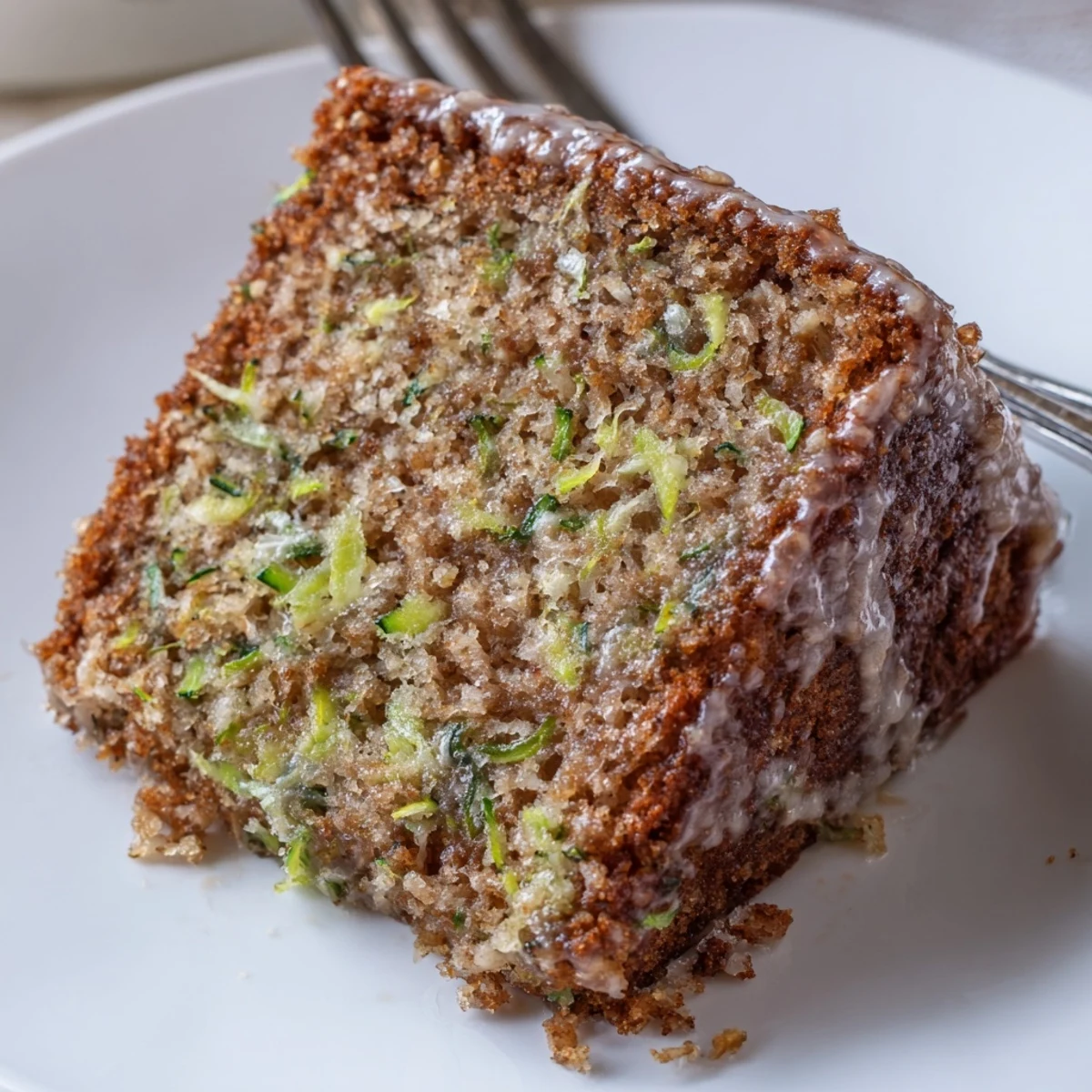 Slice shows tender, speckled interior of Zucchini Cake With Brown Sugar Icing