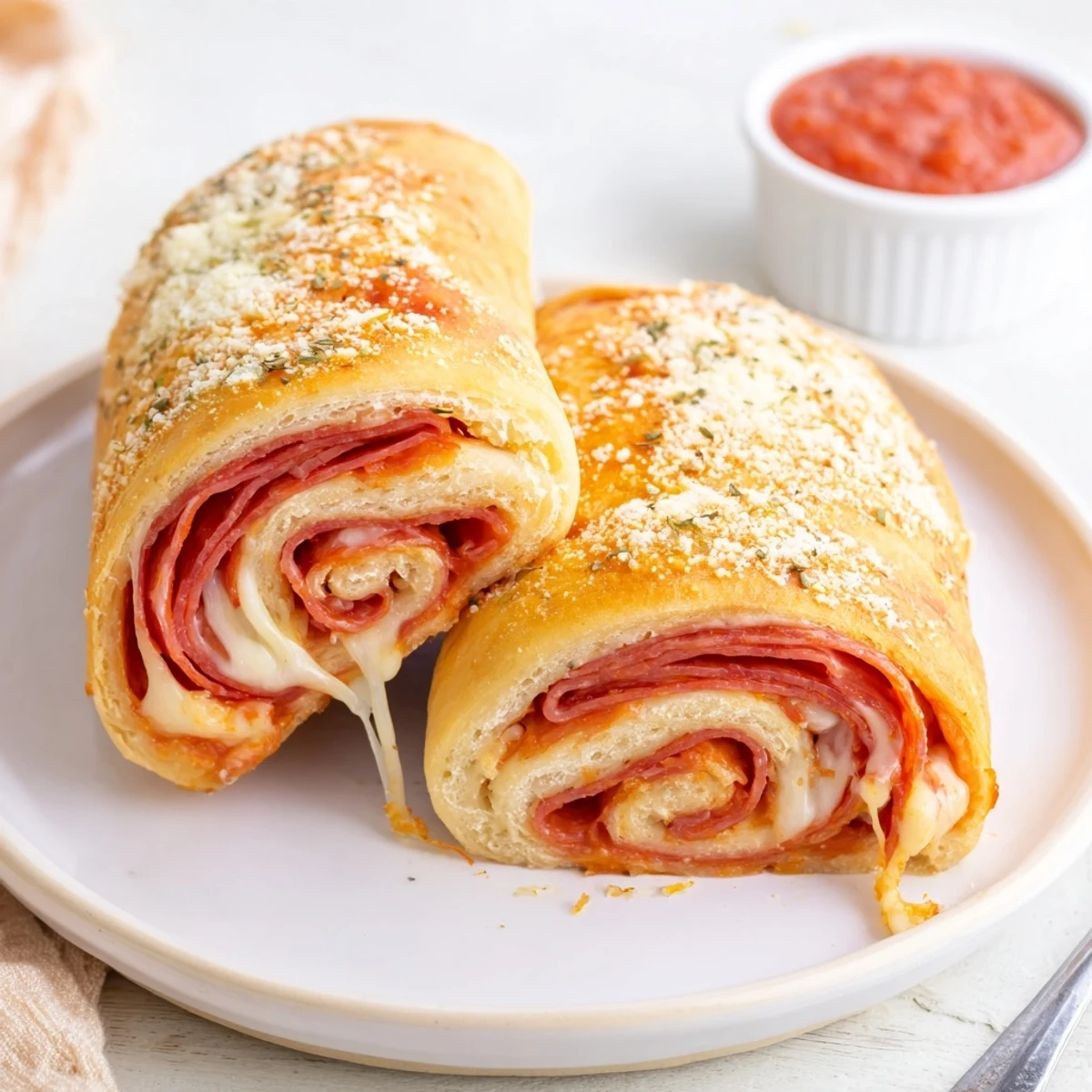 Warm Pepperoni Pizza Roll Breadsticks recipe: golden crust, melty mozzarella, marinara dip.
