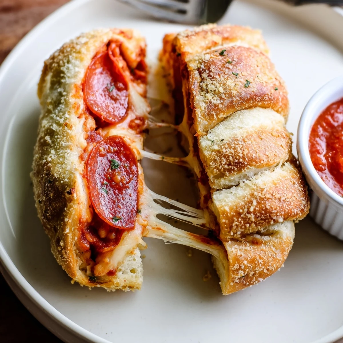 Freshly baked Pepperoni Pizza Roll Breadsticks Recipe served warm alongside tangy marinara.