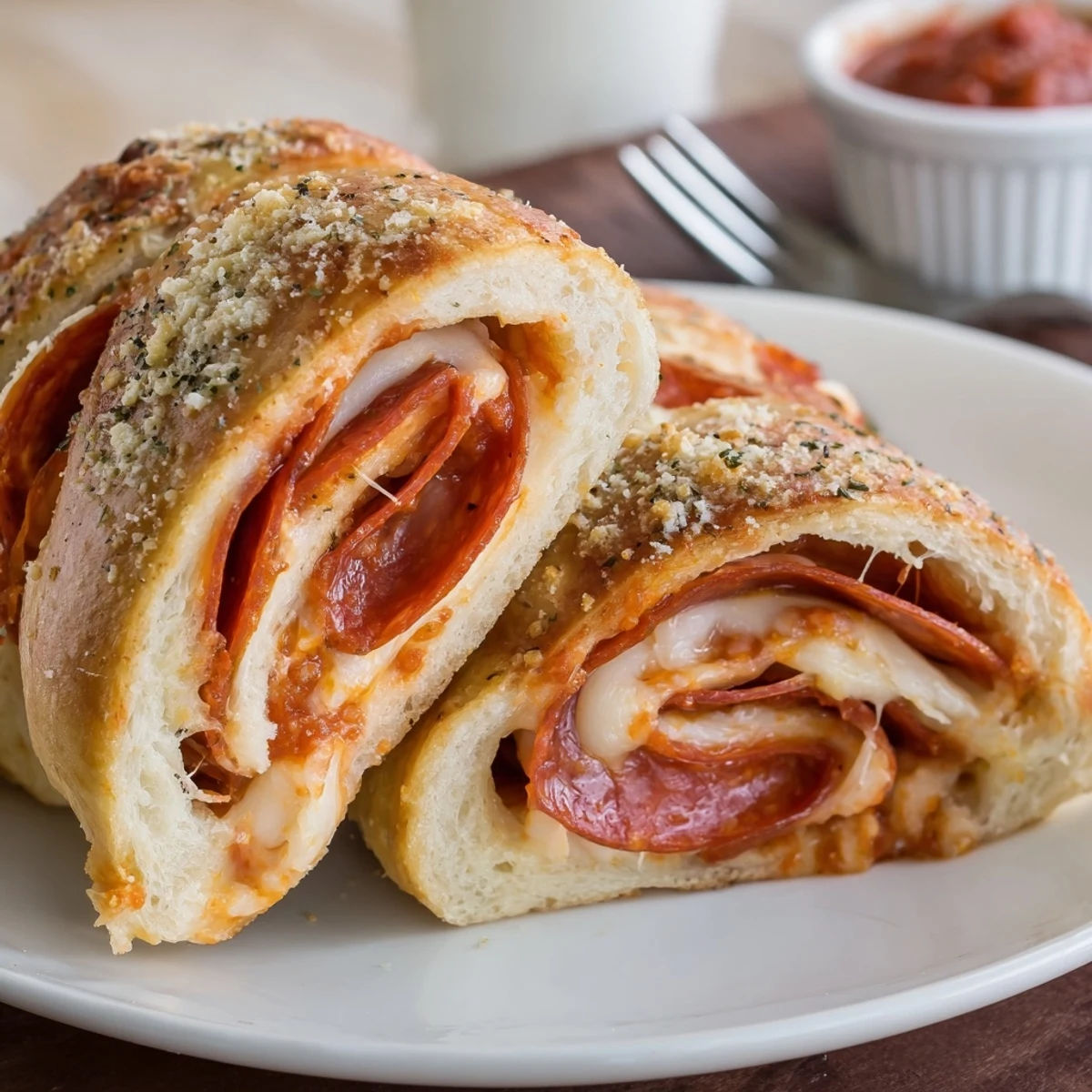 Sliced Pepperoni Pizza Roll Breadsticks with garlic butter sheen and bubbling cheese.