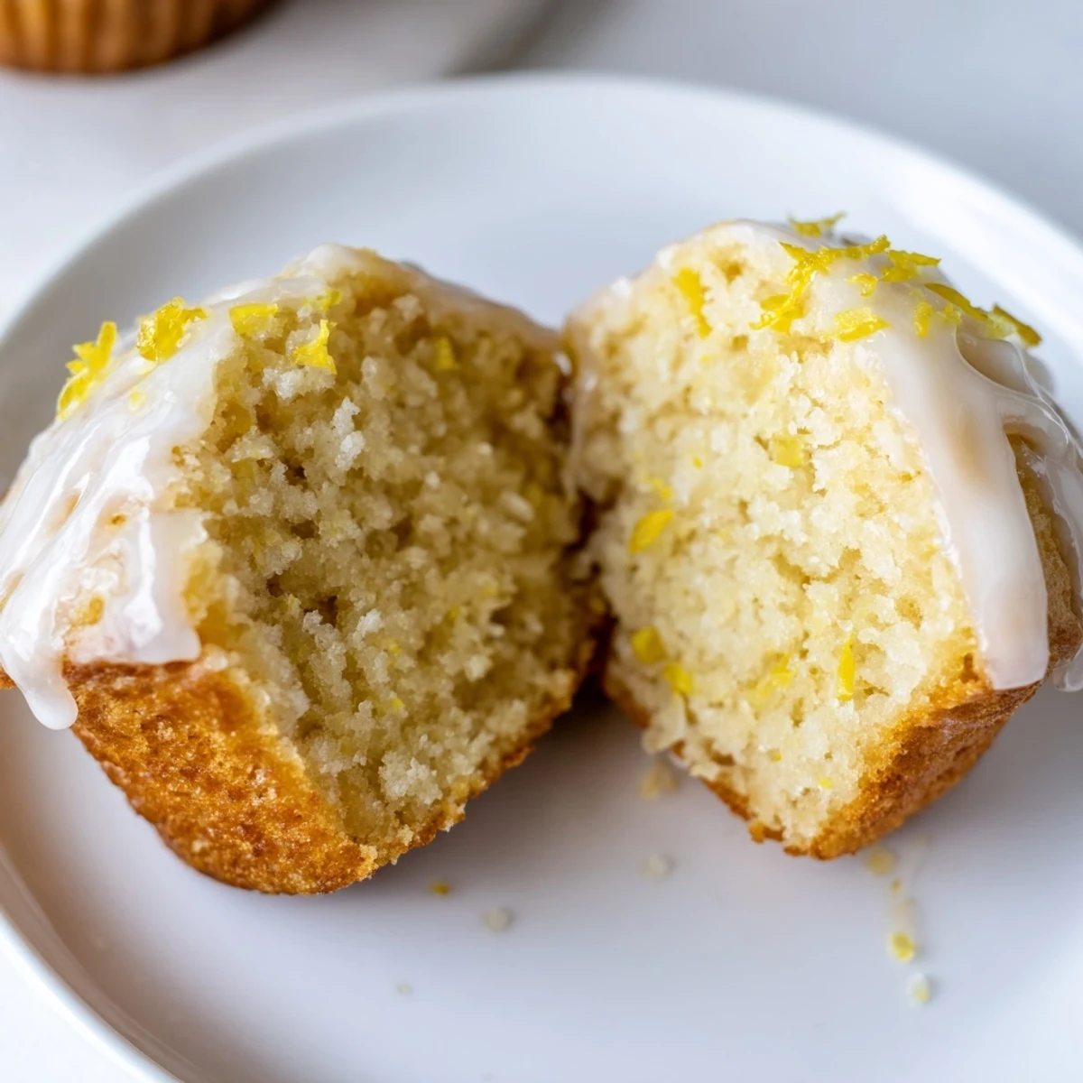 Glazed Lemon Ginger Muffins with shiny lemon glaze steaming beside morning tea