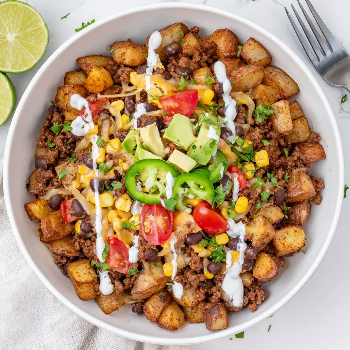 Hearty Loaded Potato Taco Bowl topped with seasoned beef, avocado, bright cilantro