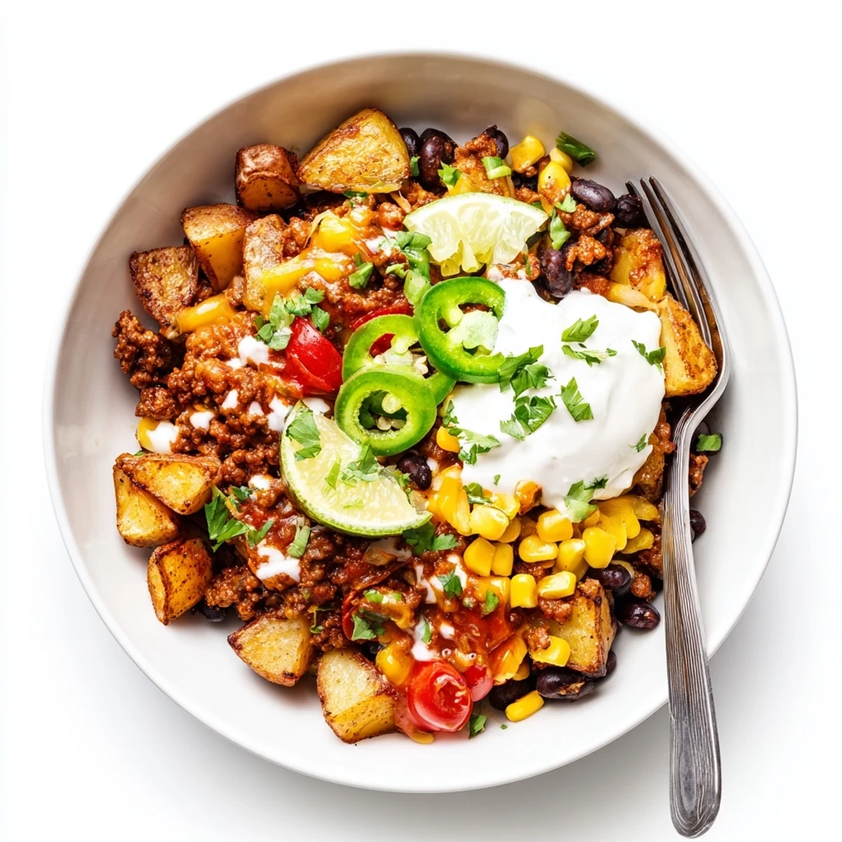 Loaded Potato Taco Bowl with crispy roasted potatoes, melted cheddar, creamy sour cream