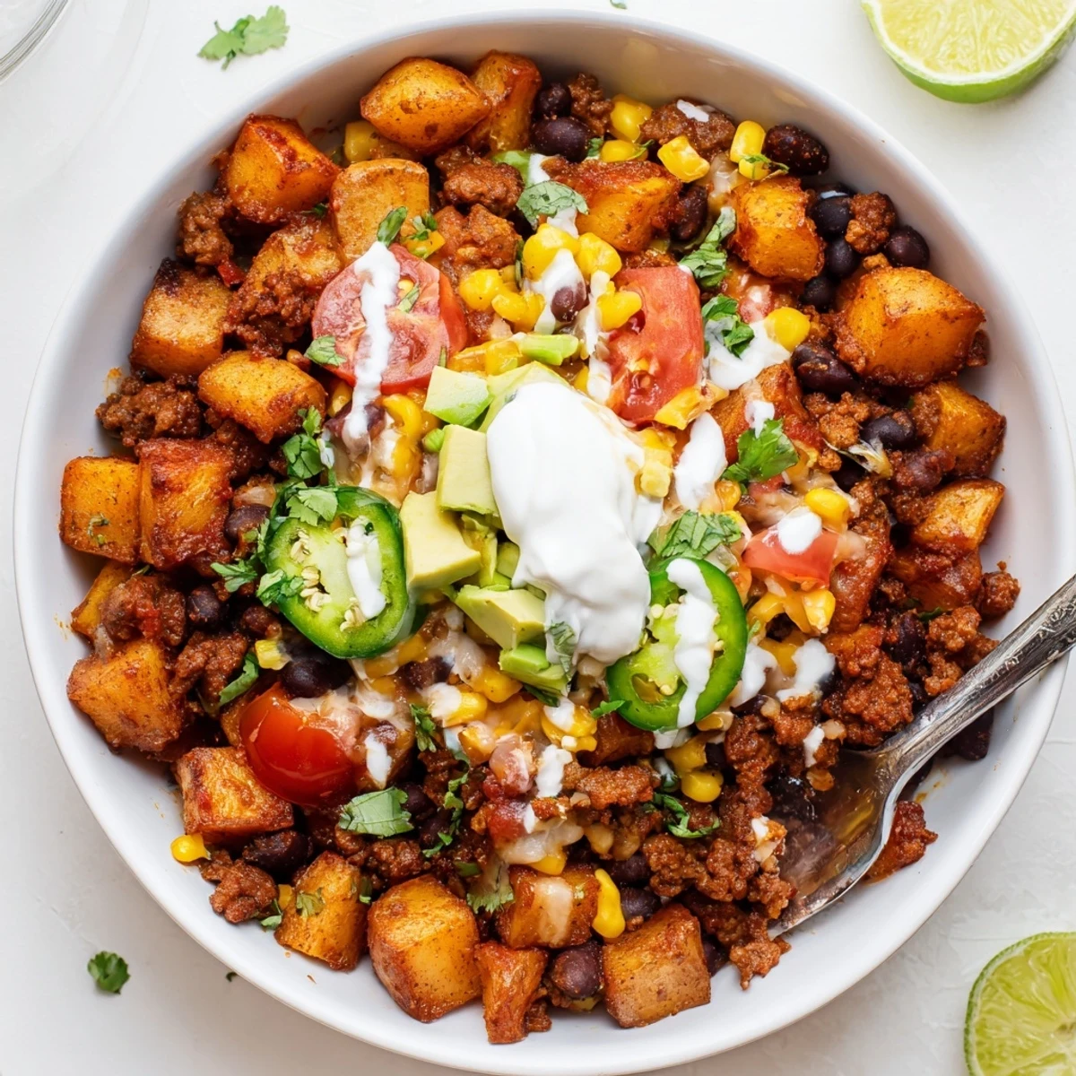 Warm Loaded Potato Taco Bowl served with lime wedges, jalapeños, and vibrant salsa