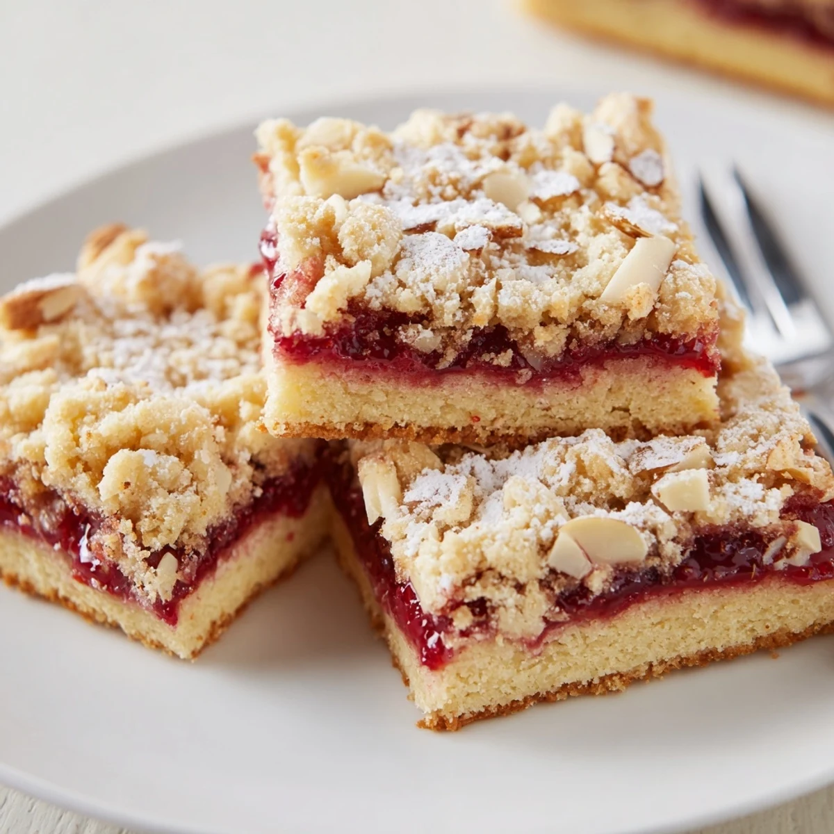 Raspberry Almond Bars with golden crumb topping, glossy jam, and toasted almonds