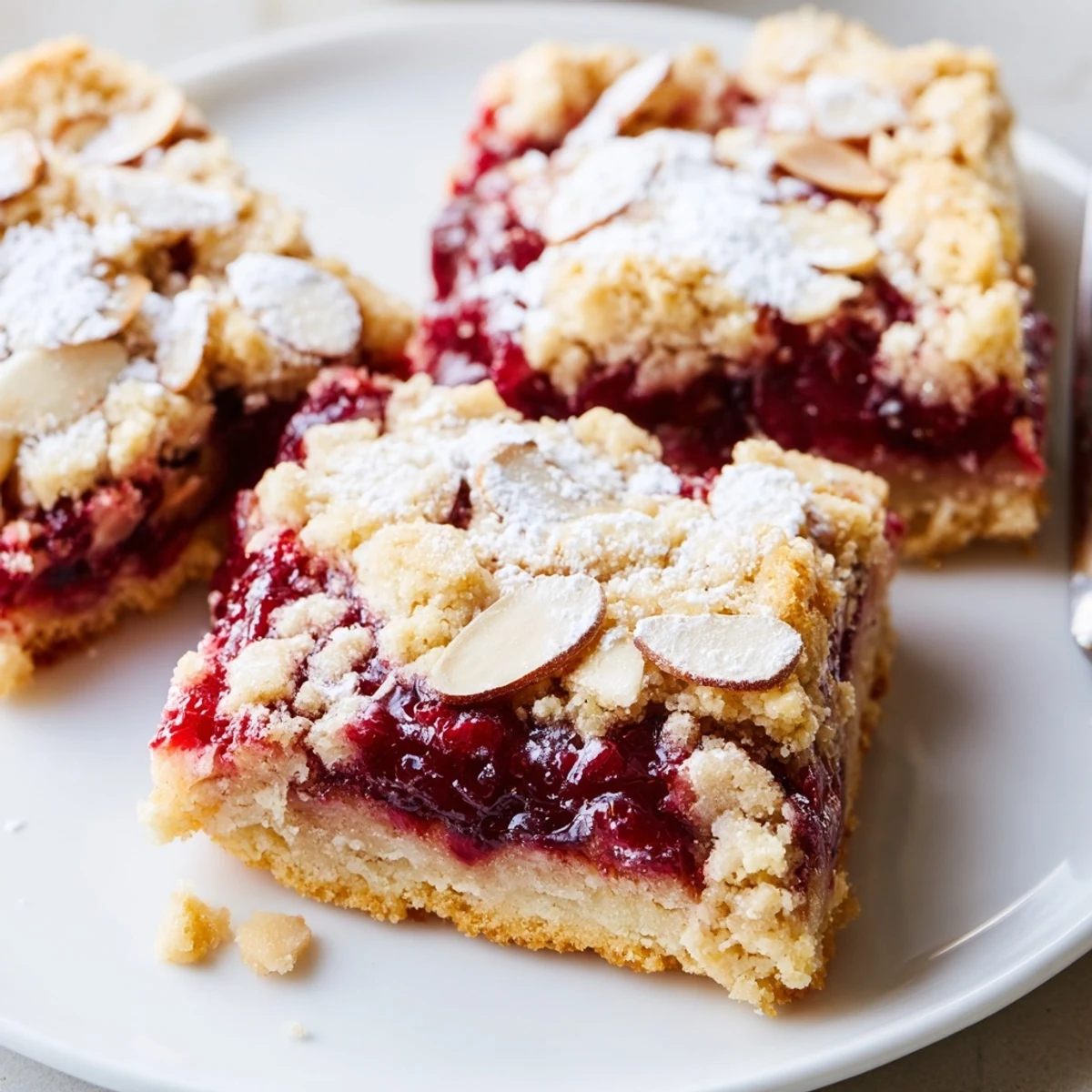 Sliced Raspberry Almond Bars reveal jammy center, tender base, crunchy almond topping