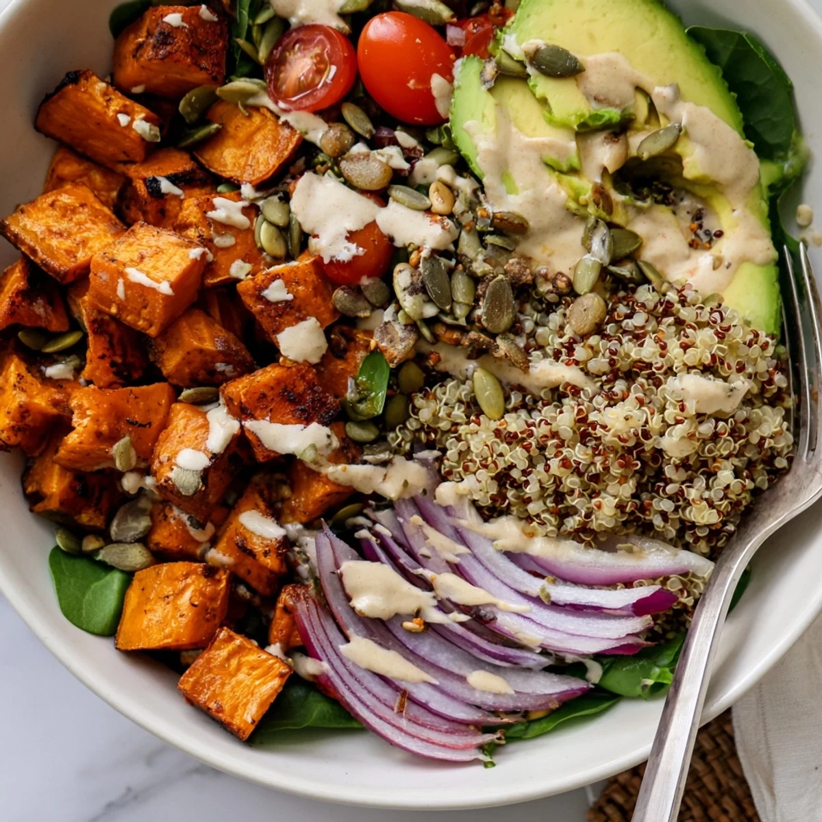 Roasted Sweet Potato Quinoa Salad Bowl with caramelized sweet potatoes, fluffy grains, lemon-tahini