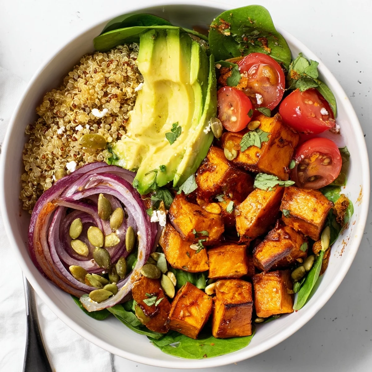 Roasted Sweet Potato Quinoa Salad Bowl served warm over greens, creamy avocado slices