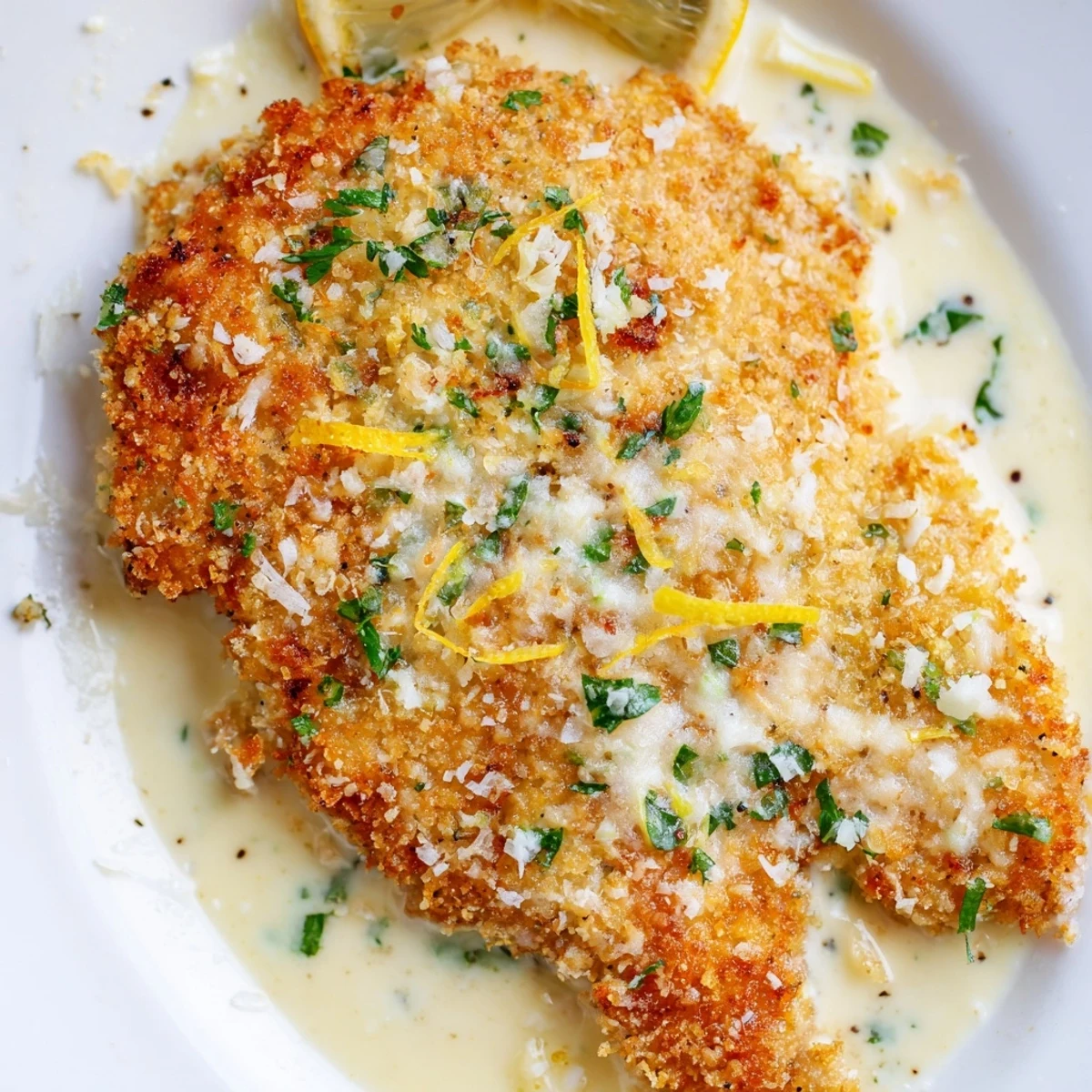 Lemon Pecorino Crusted Chicken With Creamy Lemon Sauce drizzled, crispy crust and tangy aroma.