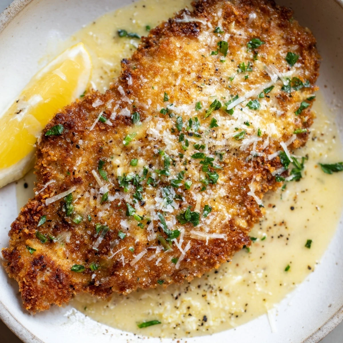 Golden baked Lemon Pecorino Crusted Chicken With Creamy Lemon Sauce, juices glistening.