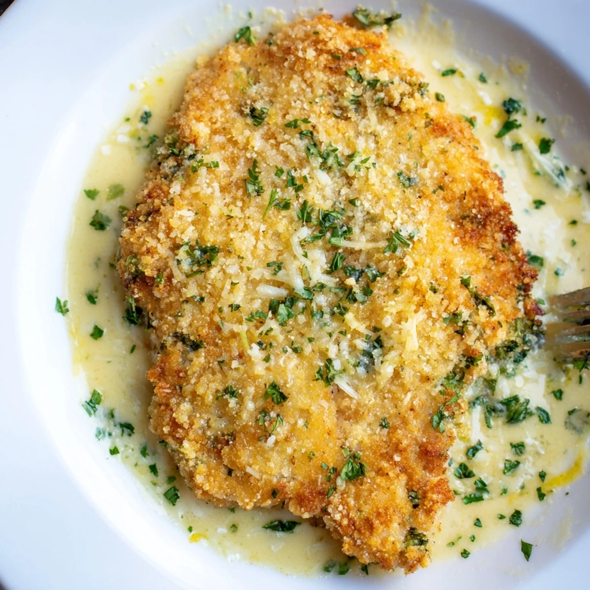 Plated Lemon Pecorino Crusted Chicken With Creamy Lemon Sauce, garnished with fresh parsley.