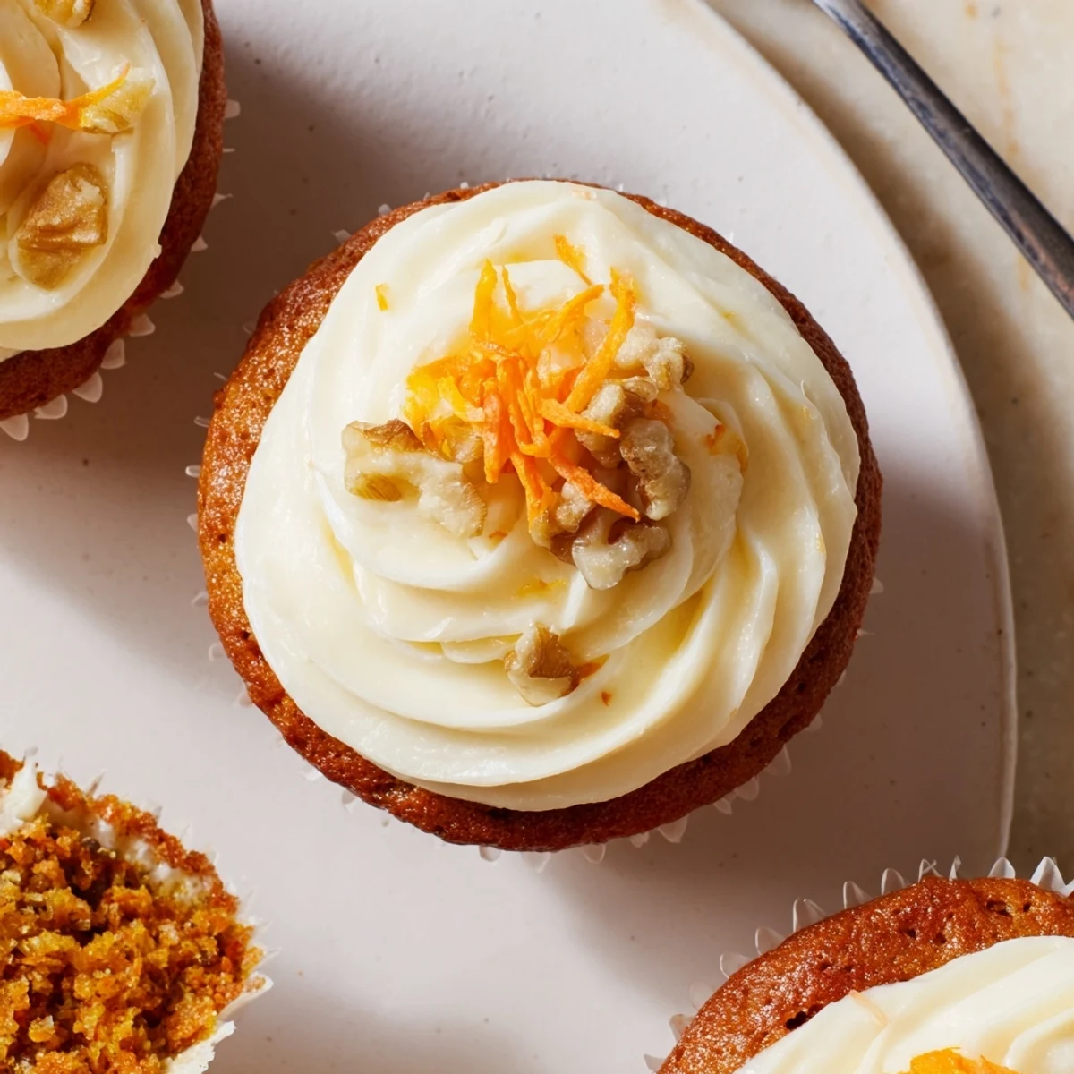 Bite into Moist Carrot Cake Cupcakes spiced with cinnamon and nutmeg  