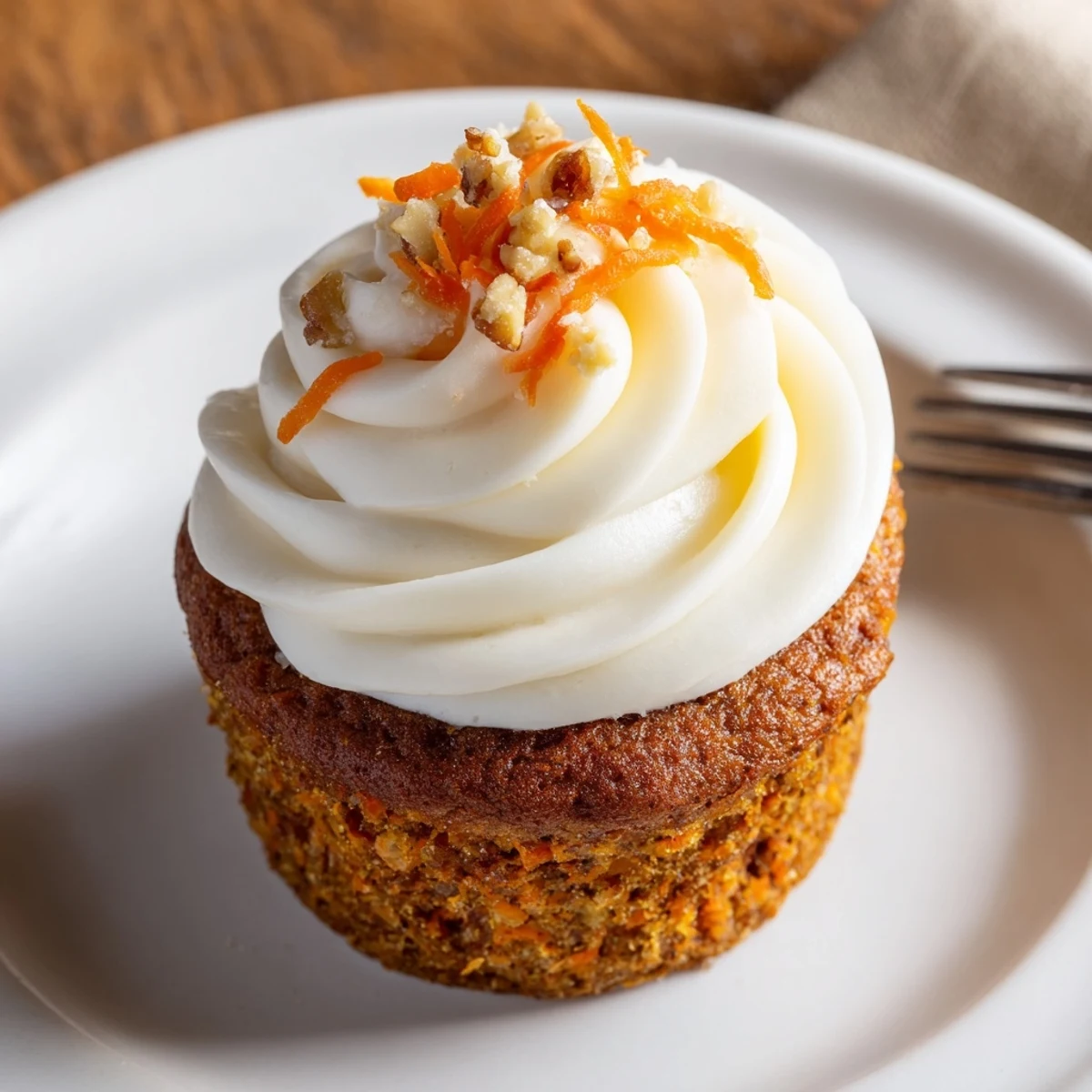 Moist Carrot Cake Cupcakes topped with swirls of cream cheese frosting  