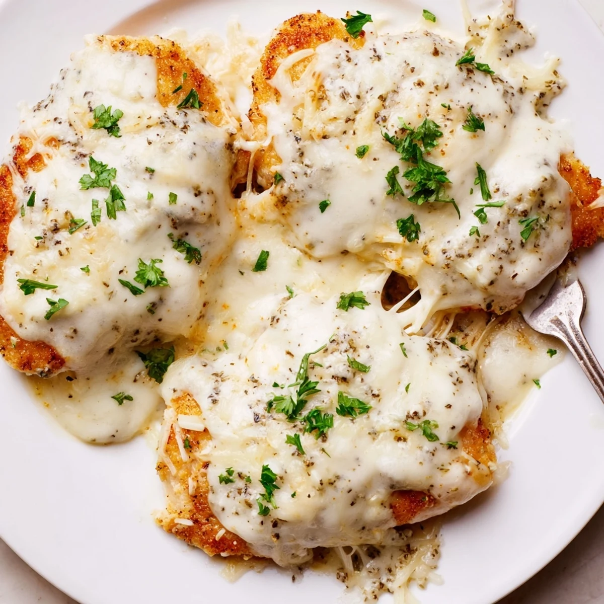 Baked Caesar Chicken With Creamy Parmesan Sauce, golden bubbly top, garnished with parsley